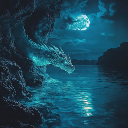 A large, ethereal dragon is depicted emerging from a rocky cave, surrounded by a tranquil body of water. The full moon casts a silvery glow on the scene, enhancing the magical atmosphere.の素材