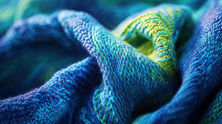 This close-up view reveals a soft knitted fabric with blue and green hues intertwined. Gentle ripples and textures create a cozy, inviting appearance, perfect for apparel or home decor.の素材