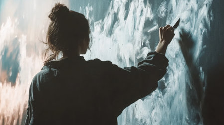 A person is engaged in an artistic activity, using chalk to create expressive designs on a textured wall. The warm light highlights the textured surface of the space.の素材