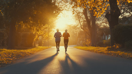 Two joggers enjoy a morning run along a tranquil road shaded by trees, with warm sunlight filtering through autumn leaves as the day begins.の素材