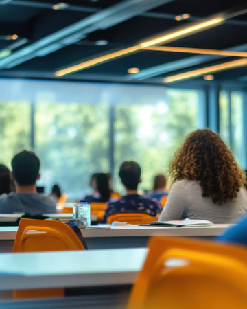 Students attentively listen to a lecture in a modern classroom with abundant natural light. The environment promotes focus and learning through its vibrant design.の素材