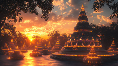 Golden light bathes the intricate temple structures as the sun sets, creating a tranquil atmosphere. Lanterns illuminate the landscape, enhancing the spiritual ambiance.の素材