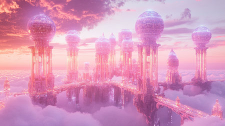 A breathtaking cityscape floats above the clouds, featuring intricate structures and glowing orbs under a stunning sunset. The atmosphere is ethereal, enhancing the dreamlike quality of the scene.の素材