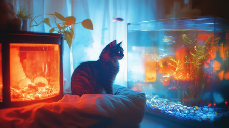 A curious cat sits on a plush surface, watching two aquariums filled with vibrant plants and glowing lights. The warm colors create a tranquil atmosphere in the room.の素材