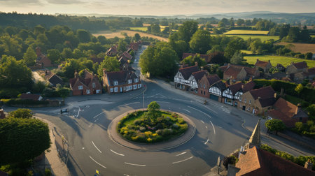 A serene roundabout in a quaint village, surrounded by greenery and fields, captures the tranquil beauty of early evening light. Houses showcase traditional architecture.の素材