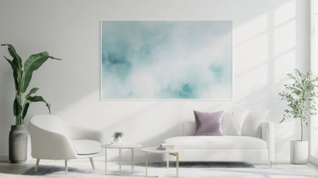 This living room showcases a clean and modern aesthetic with soft colors, featuring a stylish couch, armchair, coffee table, and abstract wall art. Natural light enhances the tranquil atmosphere.の素材