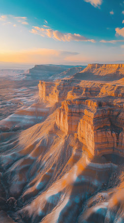 Golden light illuminates unique rock formations in a vast desert. The changing colors of dawn enhance the textured layers, creating a breathtaking view at sunrise.の素材