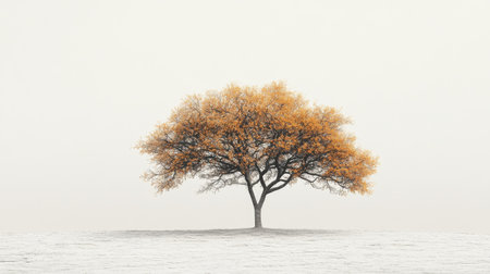 A solitary tree showcases vibrant golden foliage against a serene, muted backdrop. The scene captures the essence of autumn tranquility, emphasizing nature's beauty.の素材