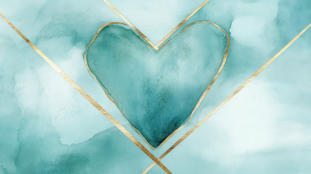 A heart shape filled with teal watercolor hues is centered against a soft blue background, framed by elegant golden lines, creating a serene and artistic ambiance perfect for decor.の素材
