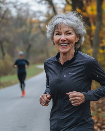 An active older woman enjoys jogging on a tree-lined path surrounded by colorful autumn foliage. Her cheerful expression radiates joy as she embraces fitness.の素材