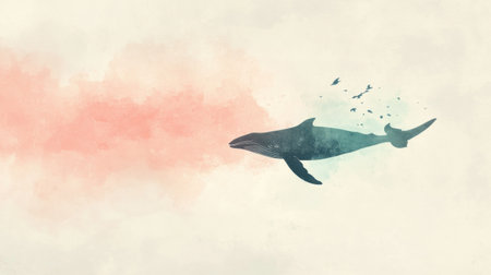 A whale glides through serene waters, releasing a mist of vibrant colors. Birds flutter around, creating a lively and enchanting atmosphere in this underwater world.の素材