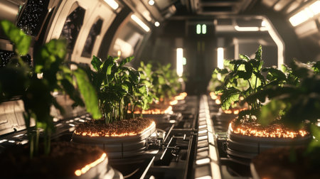 Inside a high-tech space station, a hydroponic farming area is filled with vibrant green plants growing under artificial lighting. The advanced system showcases modern agricultural technology.の素材