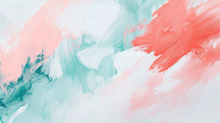 Soft coral and mint colors merge on the canvas, creating a soothing abstract composition. Brush strokes are visible, adding texture and depth to the artwork.の素材
