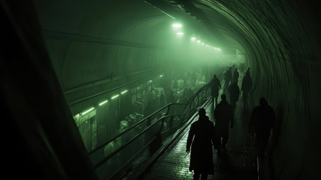 Commuters navigate a dimly lit subway tunnel, surrounded by a green glow. The misty air and shadows create a mysterious ambiance as they move along the wet pathway.の素材
