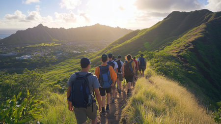 Hikers traverse a winding trail in Hawaii, surrounded by vibrant green hills and mountains as the sun sets in the background, creating a stunning natural landscape.の素材