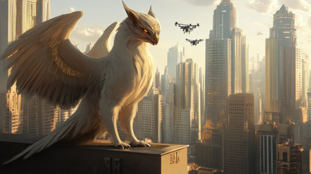 A sleek griffin with folded wings sits on a rooftop, observing drones navigating the skyline of a vibrant city filled with skyscrapers during sunset.の素材