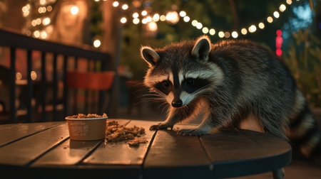 A raccoon is curiously approaching a small bowl of food placed on a table at an outdoor cafe illuminated by soft lights. It is a calm night with a cozy atmosphere.の素材