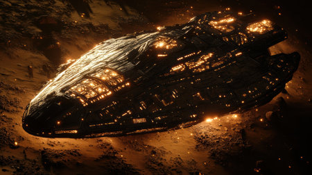 A large spaceship hovers above a rugged landscape, illuminated by an orange glow. The vessel's intricate surface shines against the darkening backdrop, creating an otherworldly atmosphere.の素材