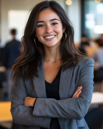 A young woman dressed in a gray blazer smiles confidently with her arms crossed in a contemporary office filled with colleagues. Natural light brightens the workspace.の素材