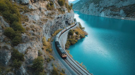 A train winds along a curved railway by a vibrant turquoise lake, flanked by steep rocky cliffs and greenery under a clear blue sky in broad daylight.の素材
