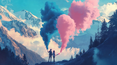 A couple stands on a rocky path in a mountainous area, holding smoke bombs that emit bright pink and blue colors. The background features magnificent peaks and a cloudy sky.の素材