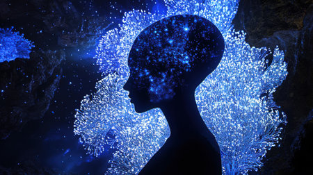 A silhouette of a figure against a vibrant blue underwater setting. The background features glowing coral formations resembling a galaxy, creating a surreal atmosphere.の素材