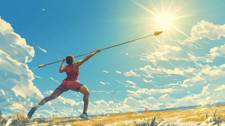 An athlete wearing a red sports uniform prepares to release a javelin toward the bright sun, surrounded by a picturesque sky filled with fluffy clouds.の素材