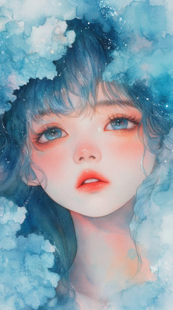 A girl with vibrant blue hair stars thoughtfully, framed by soft, fluffy clouds. Her enchanting eyes reflect wonder, creating an ethereal quality in this dreamy atmosphere.の素材