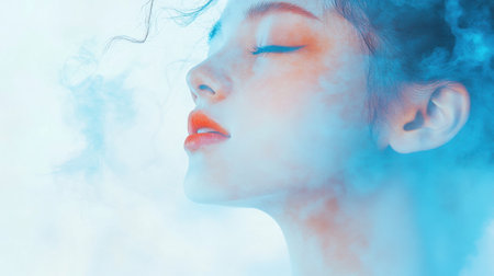 A young woman with flowing curly hair experiences a moment of tranquility, surrounded by a soft blue haze as she breathes deeply. Her closed eyes reflect a peaceful state.の素材