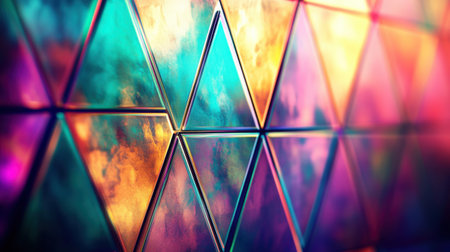 A vivid arrangement of triangular shapes showcases a spectrum of colors, with reflections creating an artistic and captivating visual effect. The interplay of light and color enhances the design.の素材