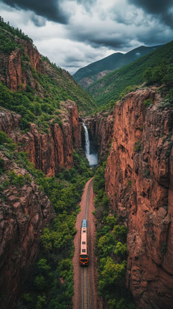 A train travels along tracks winding through a rocky canyon. Lush greenery contrasts with the rugged cliffs, and a waterfall cascades in the background under dramatic clouds.の素材