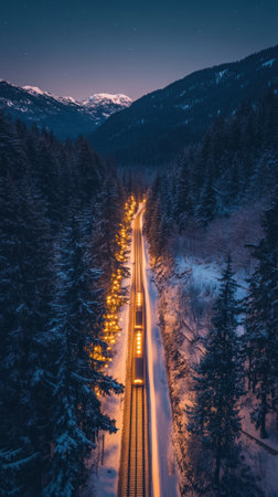A train moves through a snow-covered landscape embraced by tall evergreen trees. The twilight sky casts a serene glow on the illuminated train tracks, enhancing the tranquil winter ambiance.の素材