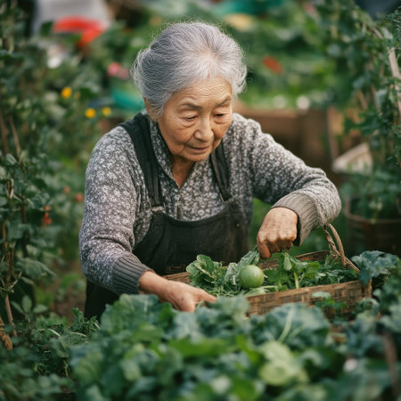An elderly woman carefully gathers vegetables in a basket, surrounded by lush plants in a vibrant garden. The sunlight enhances the rich colors of the greenery and produce.の素材
