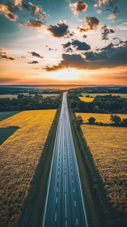 A long highway leads through lush green and golden fields, illuminated by the warm glow of sunset. The sky is filled with clouds, creating a picturesque rural scene.の素材