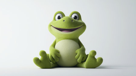 A green plush frog toy sits in a relaxed pose on a plain white background. Its large eyes are bright and inviting, showcasing a friendly expression.の素材