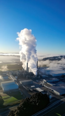 Thick white steam rises from an industrial facility as morning sunlight breaks through the fog, highlighting the structures against a clear sky. The atmosphere is crisp and cold.の素材