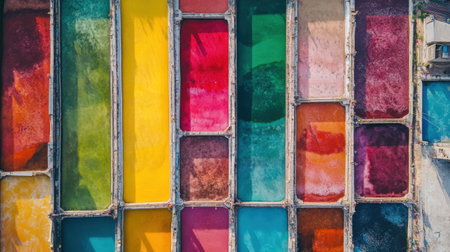 An aerial view reveals a paint factory's colorful containers arranged in a striking pattern. The bright hues of red, yellow, green, and blue create an artistic landscape in a bustling urban area.の素材