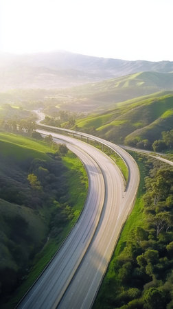 A winding highway gracefully cuts through rolling green hills under a golden afternoon sun. The serene landscape showcases nature's beauty and peaceful tranquility.の素材