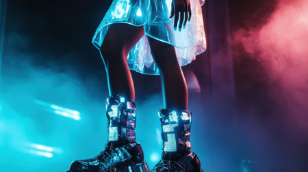 A stylish individual showcases a striking ensemble consisting of a shiny, transparent skirt and high-tech, glowing boots in an electrifying setting filled with colorful lights and mist.の素材