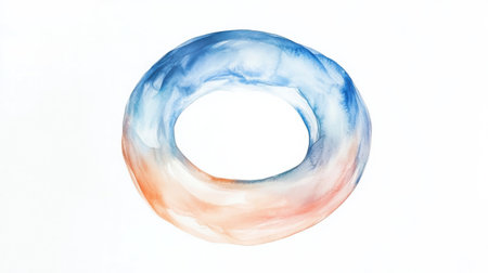 The artwork features a circular form illustrated with gentle watercolor strokes, blending blue and orange colors on a white backdrop. The flowing lines evoke a serene, calming feeling.の素材