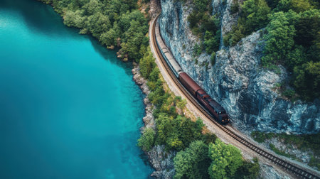A vintage train travels along a winding track bordered by lush greenery and a bright blue river. The stunning view showcases rugged cliffs and tranquil waters under clear skies.の素材