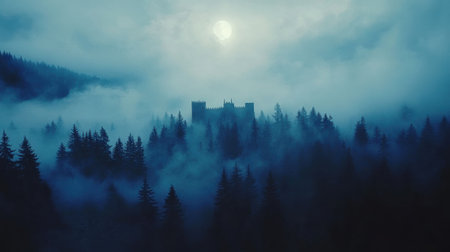 A majestic castle stands shrouded in thick fog within a dense forest, illuminated by a haunting moonlight that creates an ethereal and mysterious ambiance.の素材