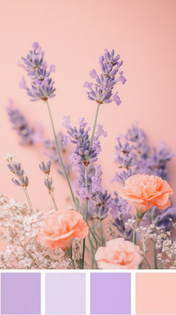 A stunning bouquet features lavender and pastel roses, set against a soft pink background, highlighting the elegance of the flowers in full bloom.の素材