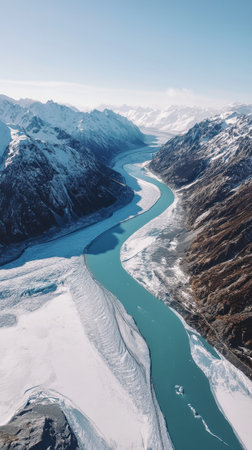 A breath-taking aerial perspective showcases a winding glacial river flowing through rocky terrain, flanked by stunning snow-capped mountains on a clear day, highlighting nature's serenity.の素材