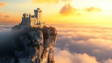 A majestic castle sits atop a rocky cliff, surrounded by a sea of clouds as the sun rises, casting warm light and colorful hues across the sky, creating a picturesque landscape.の素材