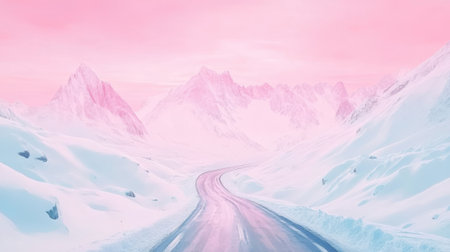 A winding road cuts through a winter landscape adorned with snow-coated mountains and a pastel pink sky, creating a tranquil and enchanting setting at dawn.の素材
