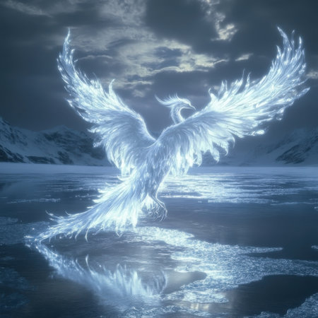 A stunning phoenix with translucent feathers emerges from a frozen lake, illuminated by soft moonlight. The surrounding landscape features snow-capped mountains and a captivating night sky.の素材