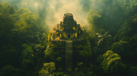 A majestic ancient temple rises from lush greenery, shrouded in mist. Sunlight filters through trees, illuminating stone steps leading to the historic structure at early morning.の素材