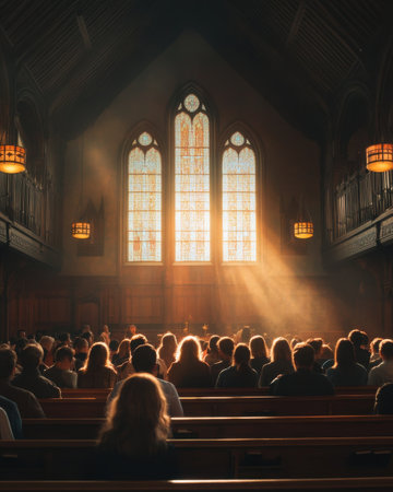 A serene gathering takes place inside a historic chapel bathed in warm sunlight. Stained glass windows illuminated seated in wooden pews during an afternoon service.の素材