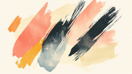 Vibrant brush strokes in shades of orange, pink, black, and blue create an abstract composition, showing dynamic movement and artistic expression on a light background.の素材